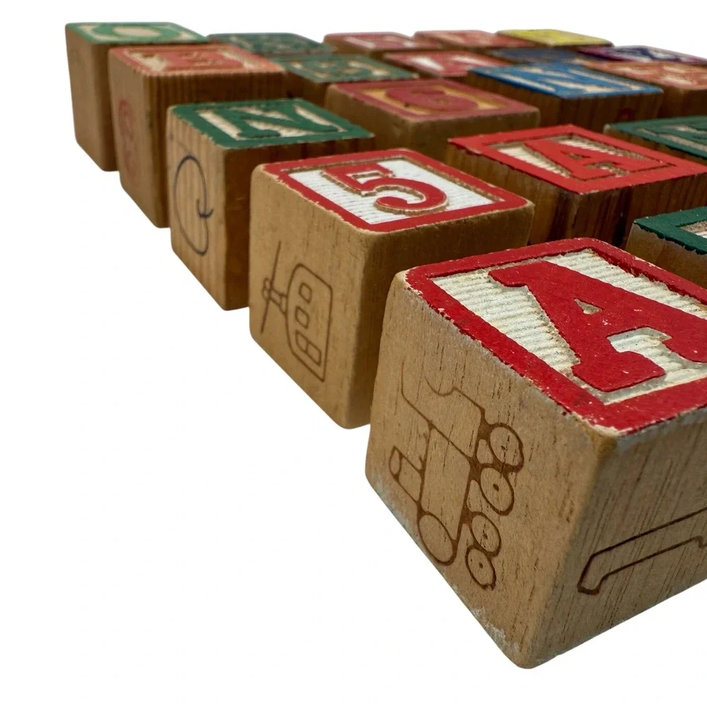 Vintage Wooden Alphabet Blocks Set Carved Letters Numbers‎ Animals 1.2